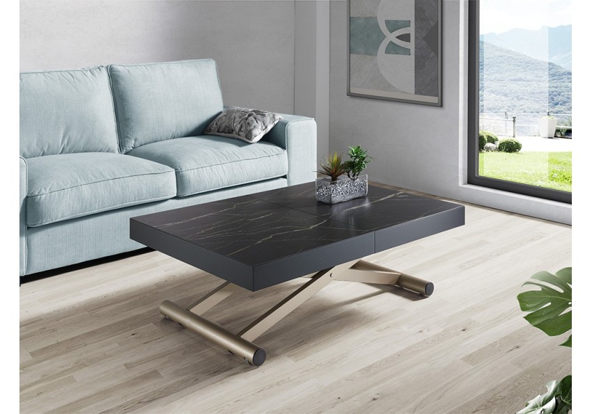 Mesa de estilo nordico con encimera de cristal y patas haya inclinadas